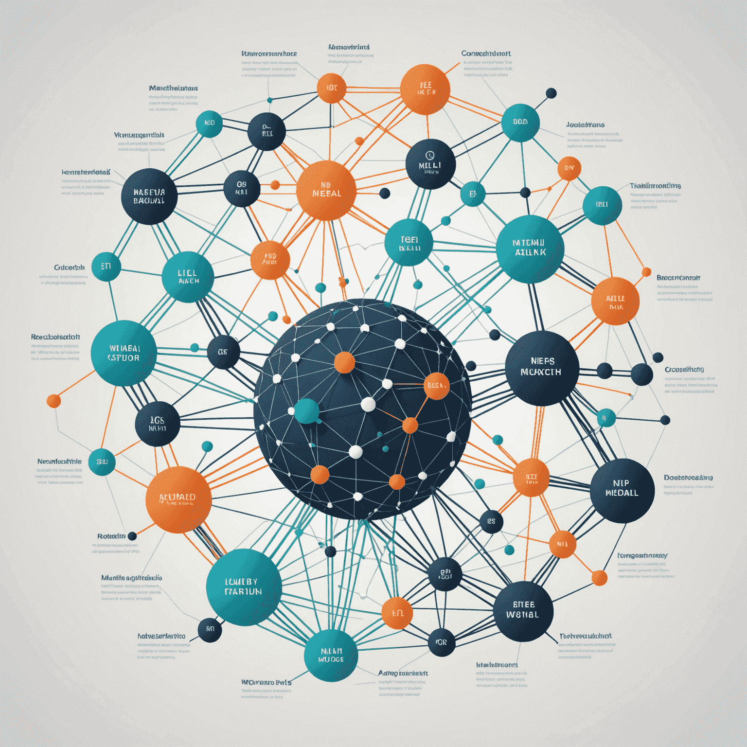 Representación visual de redes neuronales procesando texto en múltiples idiomas, con líneas de conexión brillantes entre nodos que simbolizan la complejidad y sofisticación de los modelos de PNL modernos