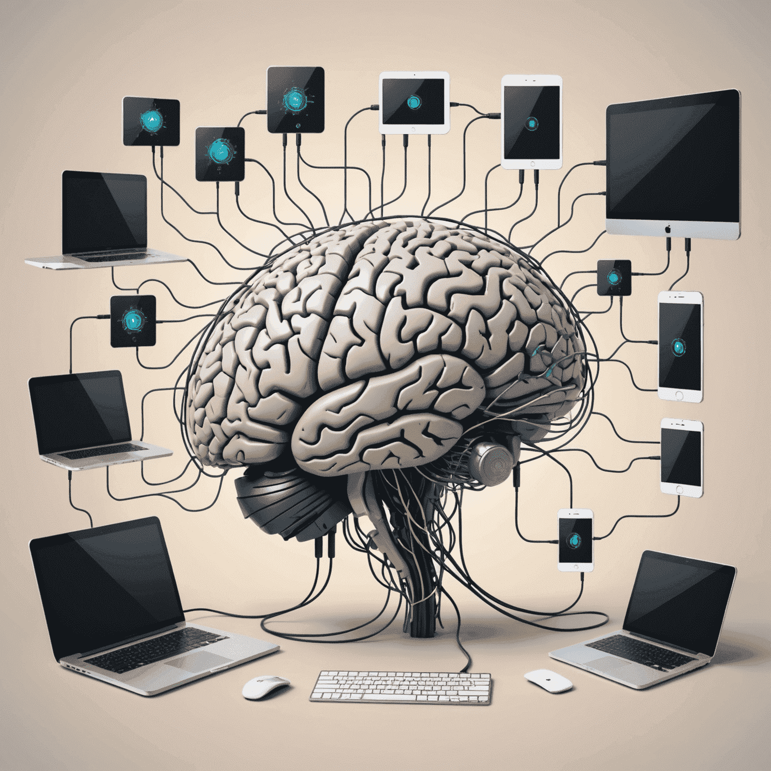 Ilustración de un cerebro digital conectado a varios dispositivos, representando el concepto de entrenamiento de IA para principiantes