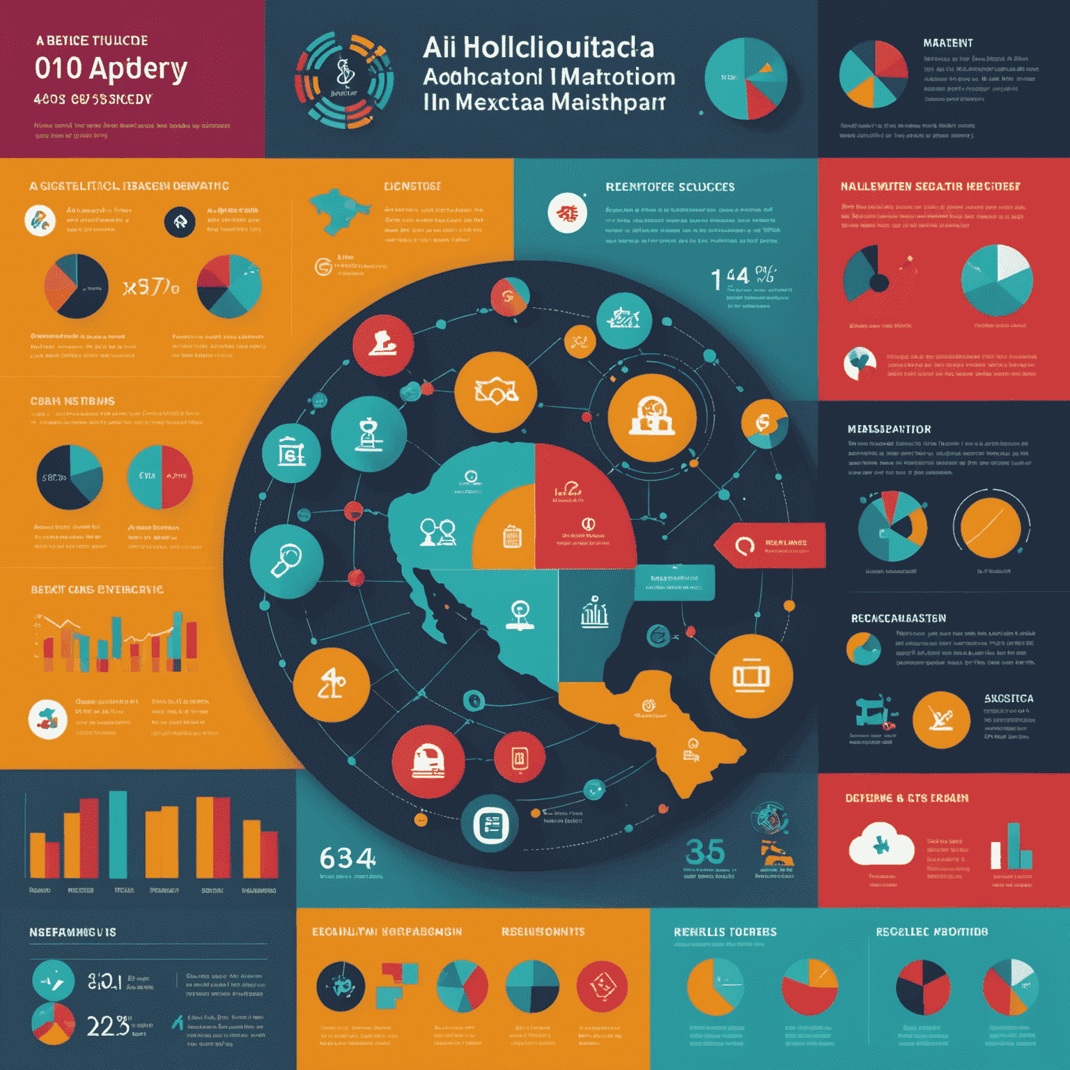 Infografía que muestra estadísticas de adopción de IA en diferentes sectores empresariales mexicanos, con gráficos coloridos y símbolos representativos de cada industria