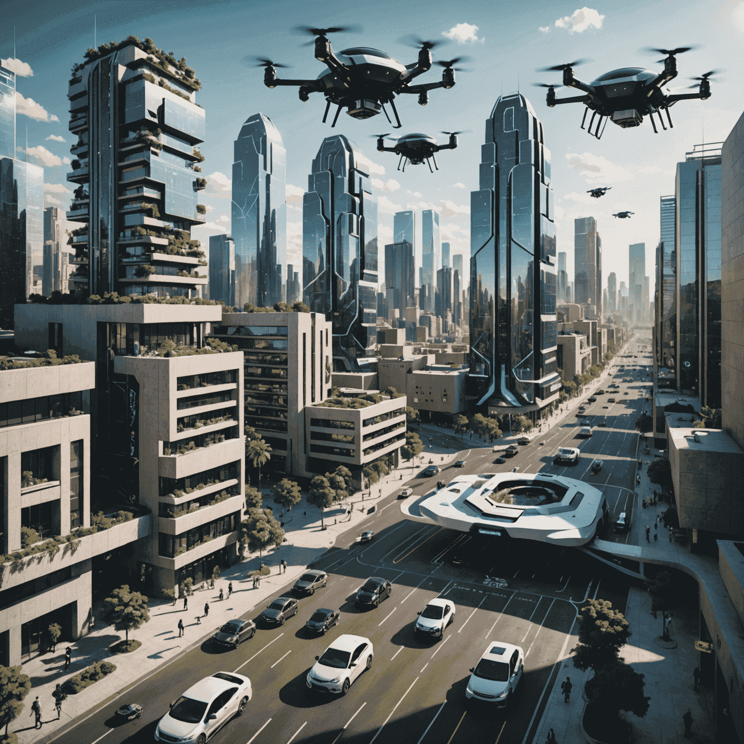 Visualización futurista de una ciudad mexicana con edificios inteligentes, vehículos autónomos y drones de reparto, ilustrando la integración de la IA en la vida cotidiana y los negocios