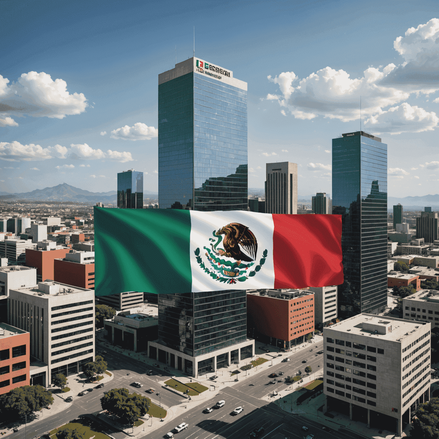 Imagen que representa el panorama empresarial mexicano con elementos de IA, mostrando edificios de oficinas con símbolos de tecnología y la bandera mexicana