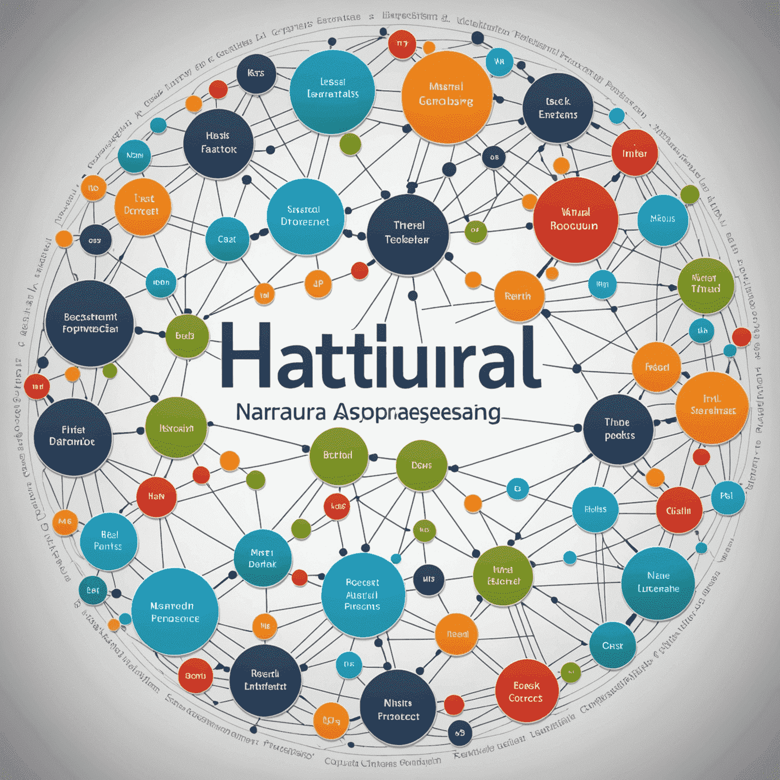 Imagen que muestra una representación visual de procesamiento de lenguaje natural, con palabras y frases conectadas en una red compleja